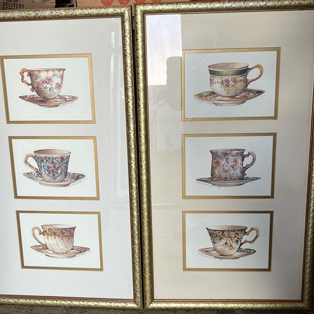 🍵 Two beautiful matted and framed tea cups & saucers art work.